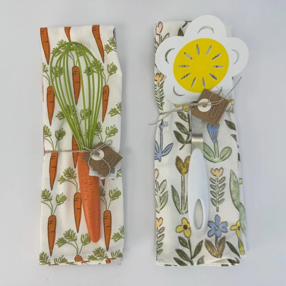Mud Pie Carrot & Flower Towel and Whisk Spatula Set Easter Host Gift Kitchen NWT